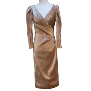 Metallic Bronze Wrap-Front Midi Dress
